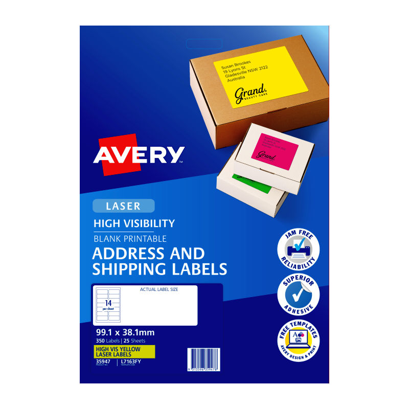 Avery L7163F Fluoro Yellow High Visibility Shipping Labels for Laser Printers - 99.1 x 34mm - 16 Labels per Sheet - Pack of 25