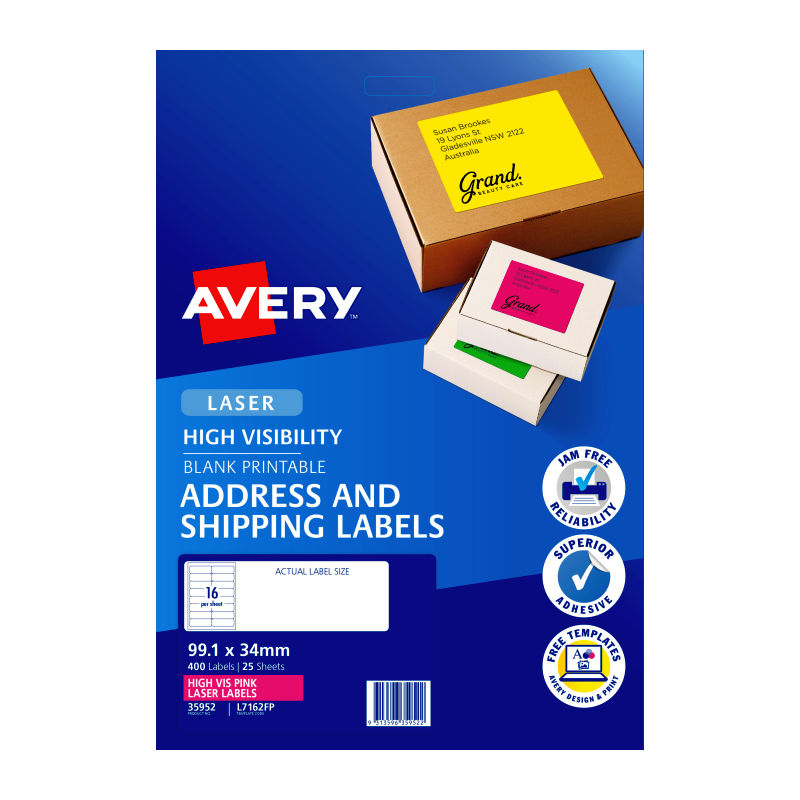 Avery L7162FP Fluoro Pink High Visibility Shipping Labels for Laser Printers - 99.1 x 34mm - 16 Labels per Sheet - Pack of 25