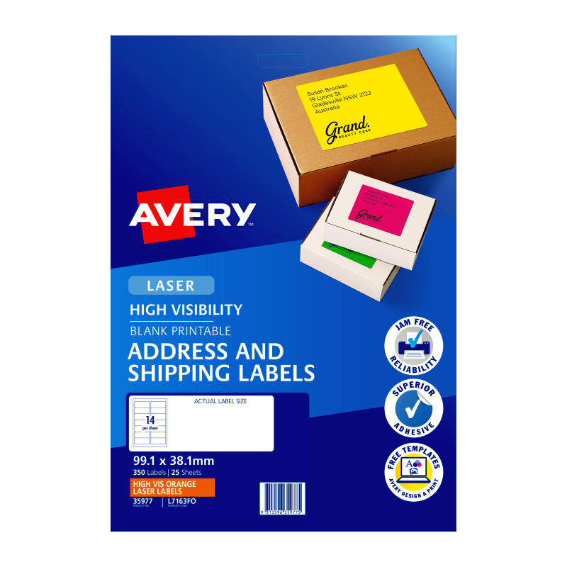 Avery L7163FO Fluoro Orange High Visibility Shipping Labels for Laser Printers - 99.1 x 34mm - 16 Labels per Sheet - Pack of 25