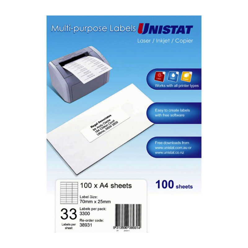 Avery - Unistat Laser Inkjet Printer Labels - 70 x 25mm - 33 Labels per Sheet - Box of 100 Sheets