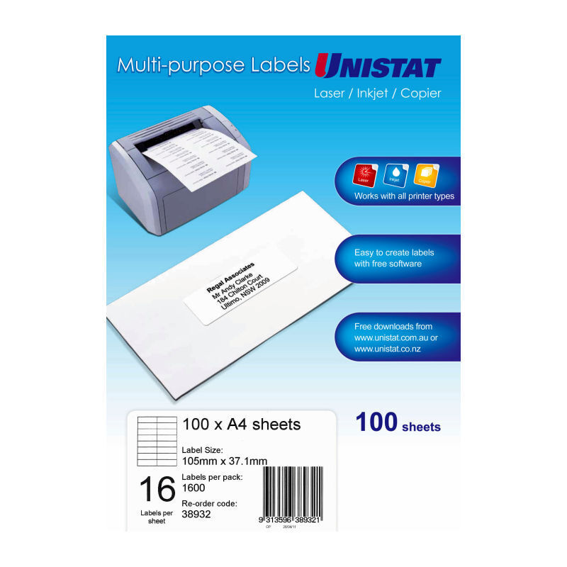 Avery - Unistat Laser Inkjet Printer Labels - 105 x 37mm - 16 Labels per Sheet - Box of 100 Sheets