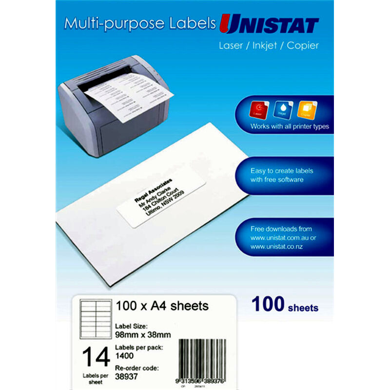 Avery - Unistat Laser Inkjet Printer Labels - 98 x 38mm - 14 Labels per Sheet - Pack of 100 Sheets