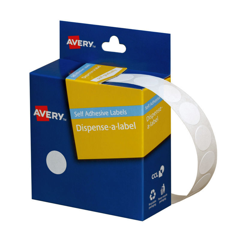 Avery White Round Labels in Dispenser - 14 mm Diameter - Roll of 1200 Labels