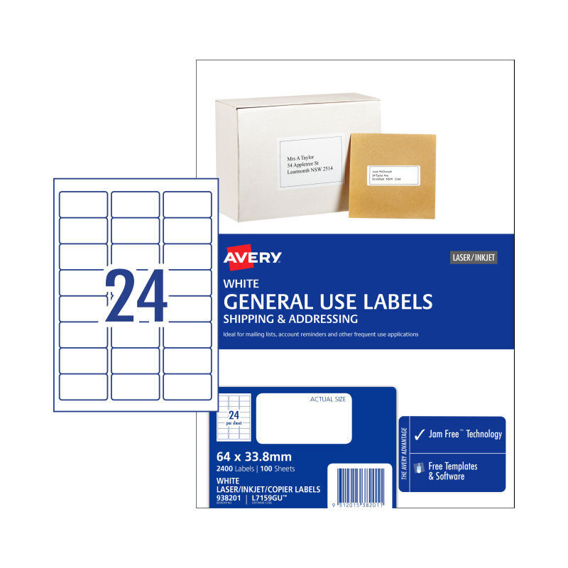 Avery L7159GU General Use Labels - 63.5 x 33.9mm - 24 Labels per Sheet - Pack of 100 Sheets