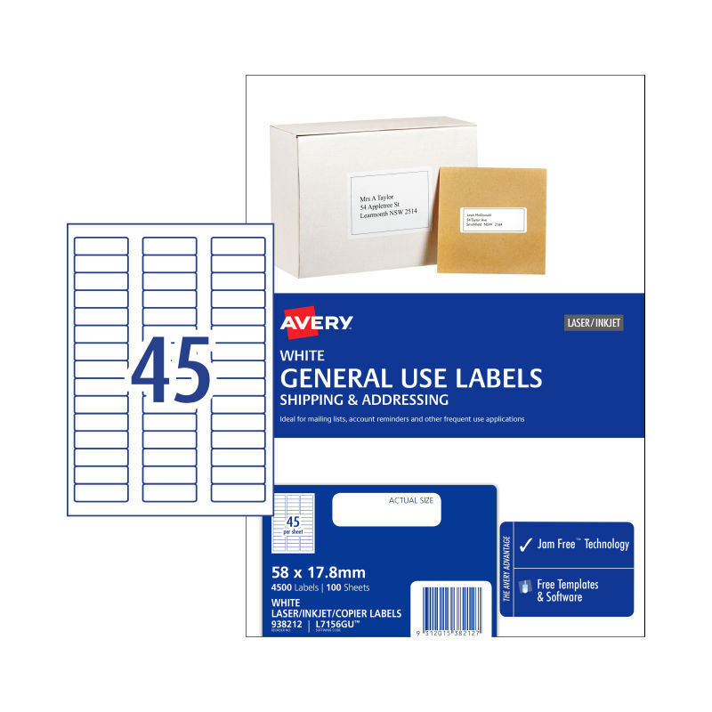 Avery L7516GU General Use Labels - 45.7 x 21.2mm - 45 Labels per Sheet - Pack of 100 Sheets