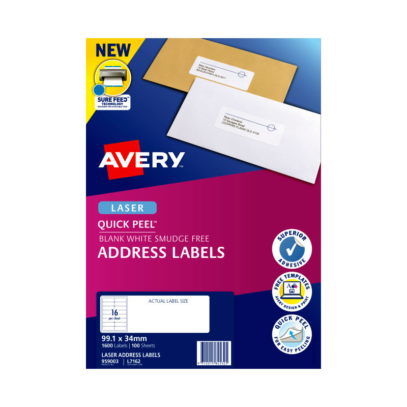 Avery L7162 QuickPEEL Laser Labels - 99.1 x 34mm - 16 Labels per Sheet - Pack of 100 Sheets