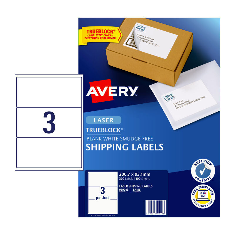 Avery L7155 Laser Labels - 3 Labels per Sheet - Pack of 100 Sheets - 200.7 x 93.1mm