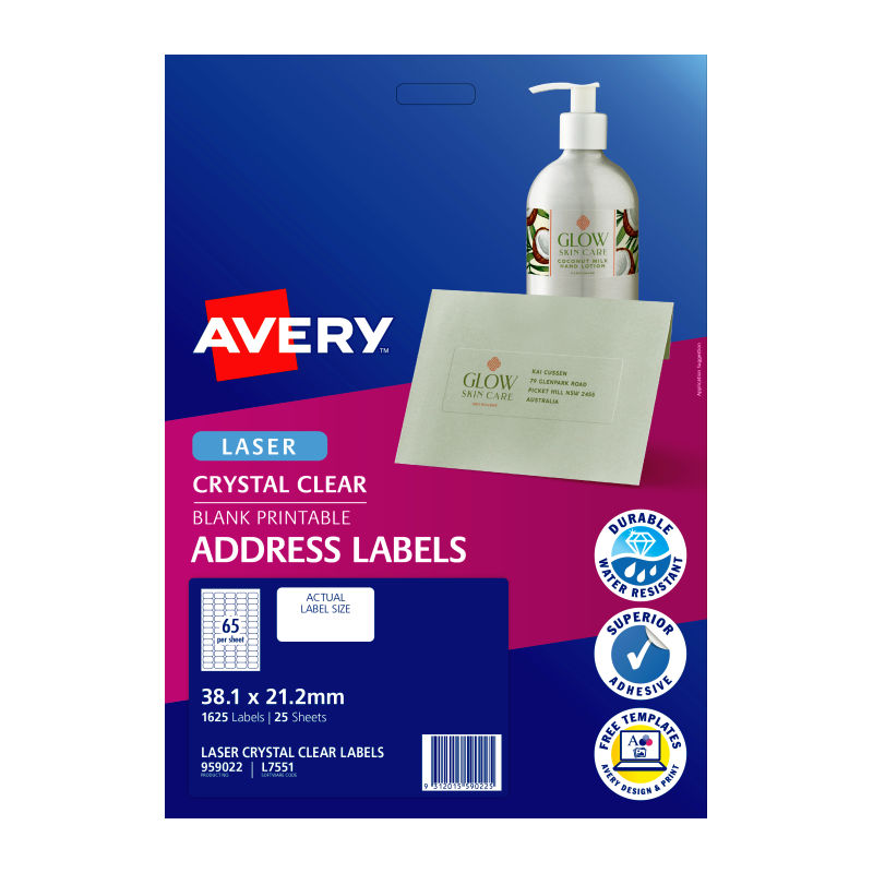 Avery L7551 Clear Laser Labels - 38.1 x 21.2mm - 65 Labels per Sheet - Pack of 25 Sheets