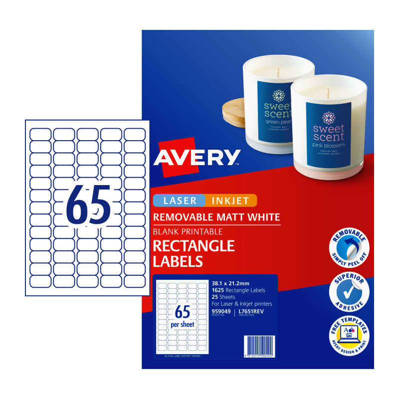 Avery L7651REV Removable Laser Labels - 38.1 x 21.2mm - 65 Labels per Sheet - Pack of 25 Sheets