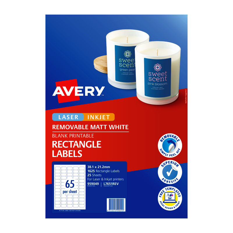 Avery L7651REV Removable Laser Labels - 38.1 x 21.2mm - 65 Labels per Sheet - Pack of 25 Sheets