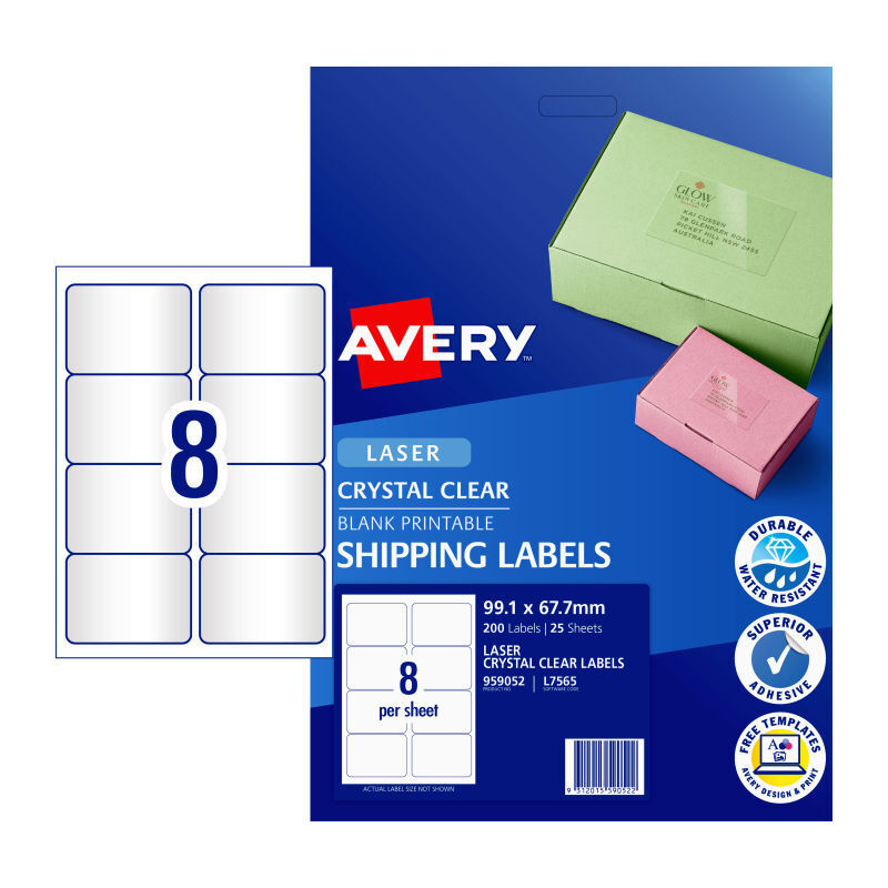 Avery L7565 Clear Laser Labels - 99.1 x 67.7mm - 8 Labels per Sheet - Pack of 25 Sheets