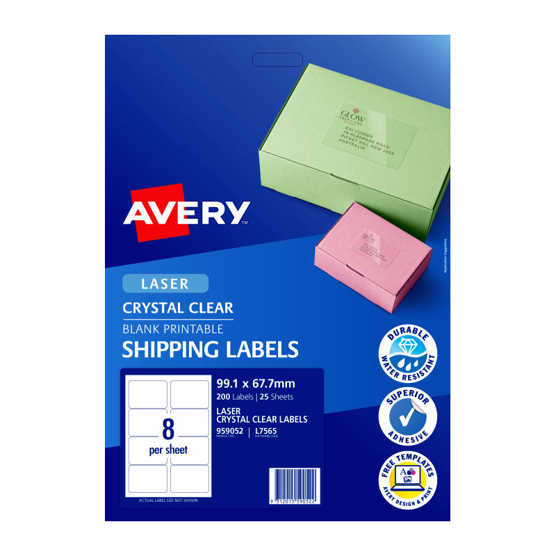 Avery L7565 Clear Laser Labels - 99.1 x 67.7mm - 8 Labels per Sheet - Pack of 25 Sheets