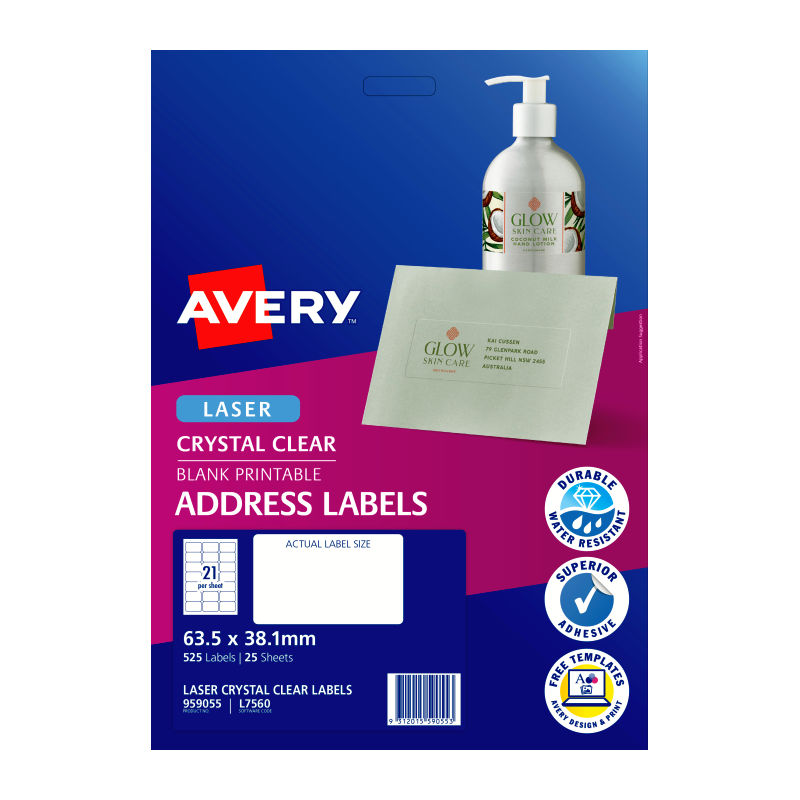 Avery L7560 Clear Laser Labels - 63.5 x 38.1mm - 21 Labels per Sheet - Pack of 25 Sheets