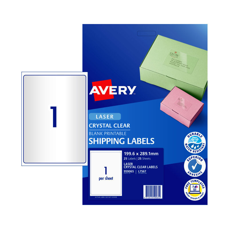 Avery L7567 Clear Laser Labels - 199.6 x 289.1mm - Full Sheet - 1 Label per Sheet - Pack of 25 Sheets