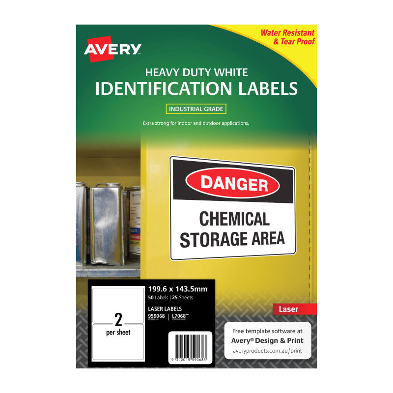 Avery L7068 Heavy Duty Laser Labels - 199.6 x 143.5mm - 2 Labels per Sheet - Pack of 25 Sheets
