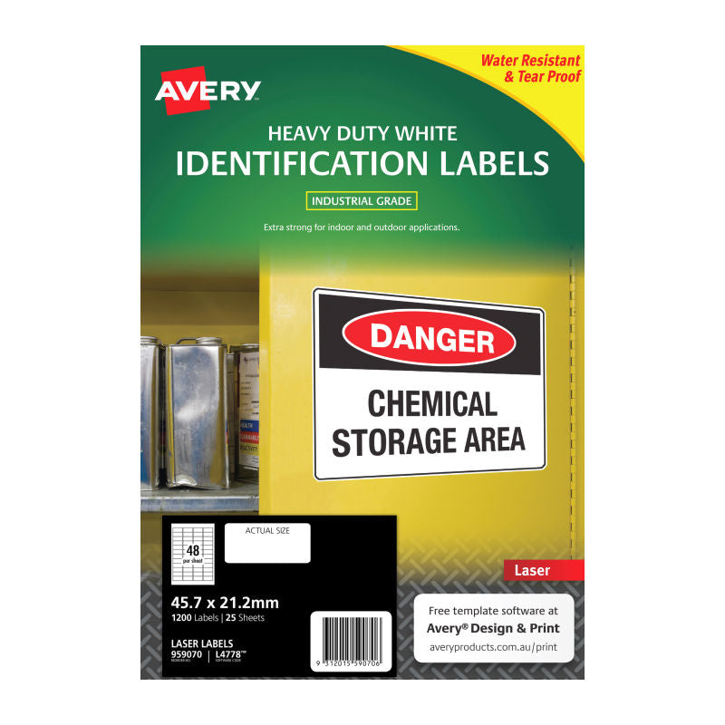 Avery L4778 Heavy Duty Laser Labels - 48 Labels per Sheet - Pack of 25 Sheets - 45.7 x 21.2mm
