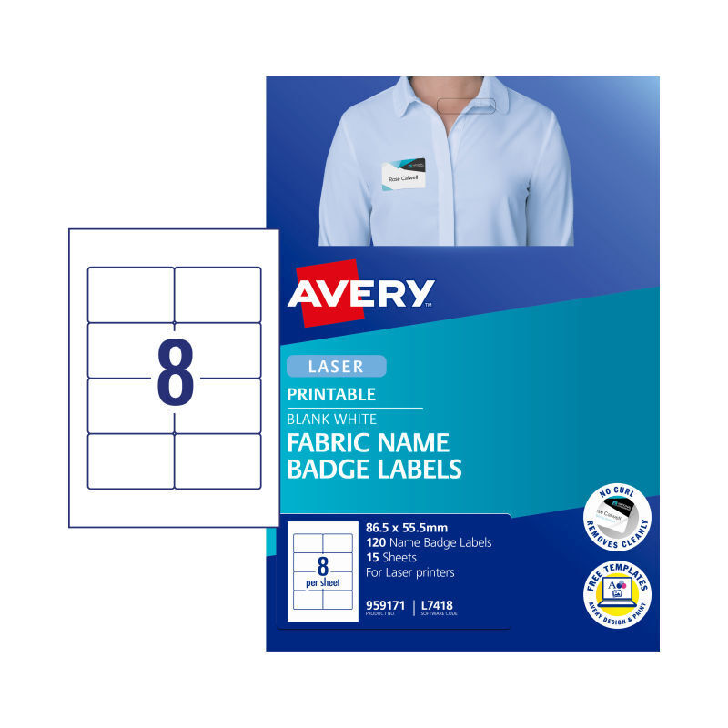 Avery Badge Refill Labels L7418 - 86 x 55mm - 8 Labels per Sheet - Pack of 15 Sheets