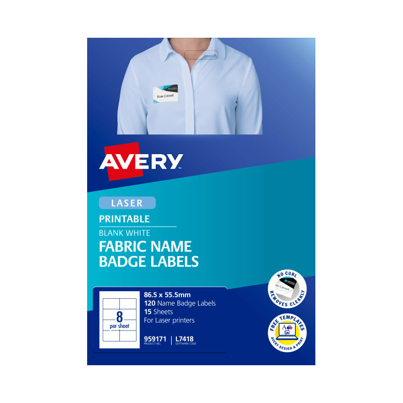 Avery Badge Refill Labels L7418 - 86 x 55mm - 8 Labels per Sheet - Pack of 15 Sheets