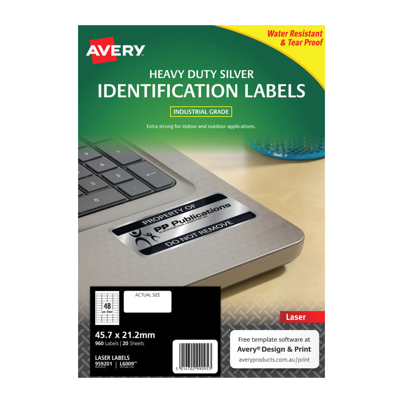 Avery L6009 Silver Heavy Duty Laser Labels - 45.7 x 21.2mm - 48 Labels per Sheet - Pack of 20 Sheets