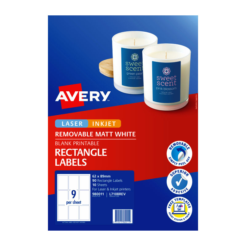 Avery L7108REV Rectangle Labels - 9 Labels per Sheet - Pack of 10 - 62 x 89mm