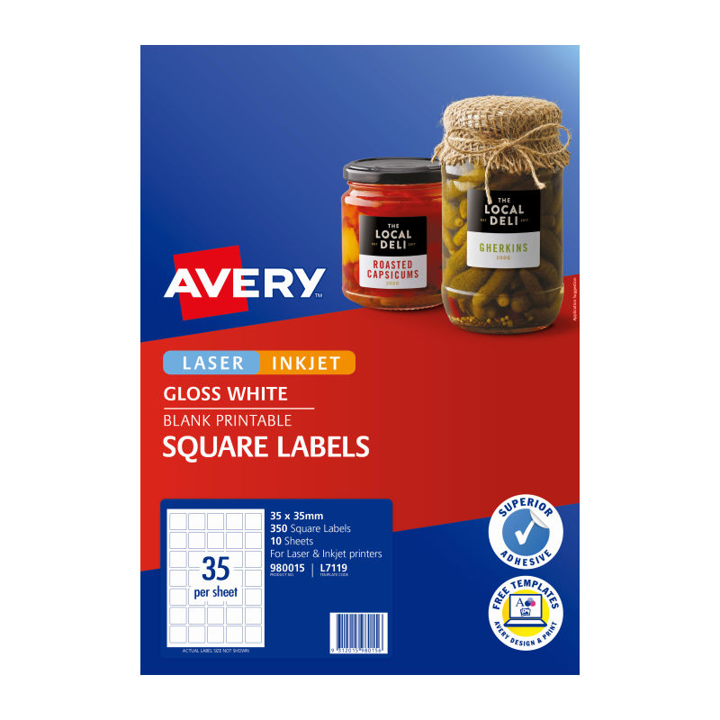Avery L7119 Square Glossy White Labels - Pack of 350 - 35 x 35mm