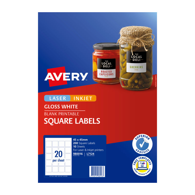 Avery L7124 Square Labels - 20 Labels per Sheet - Pack of 10 - 45 x 45mm