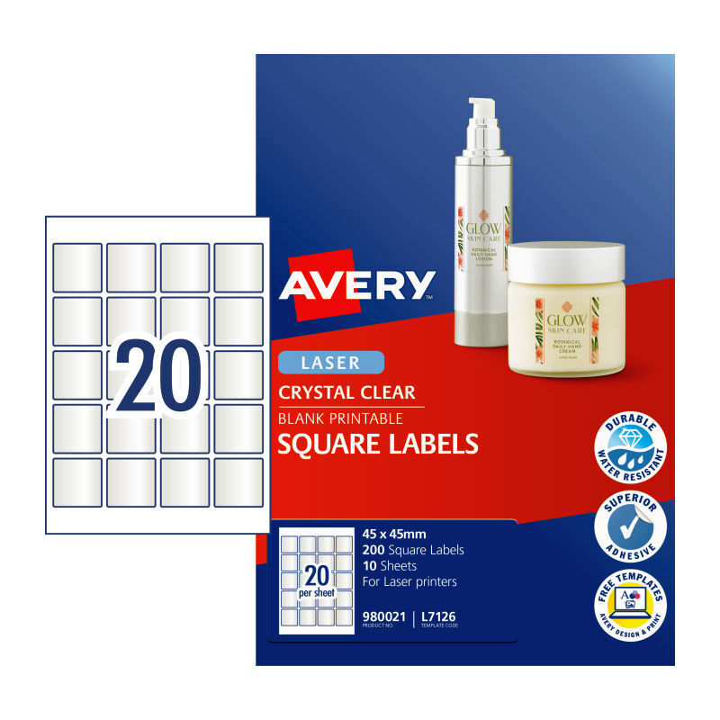 Avery L7126 Square Laser Labels - 20 Labels per Sheet - Pack of 20 - 45 x 45mm
