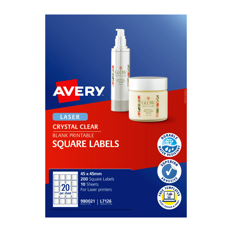 Avery L7126 Square Laser Labels - 20 Labels per Sheet - Pack of 20 - 45 x 45mm
