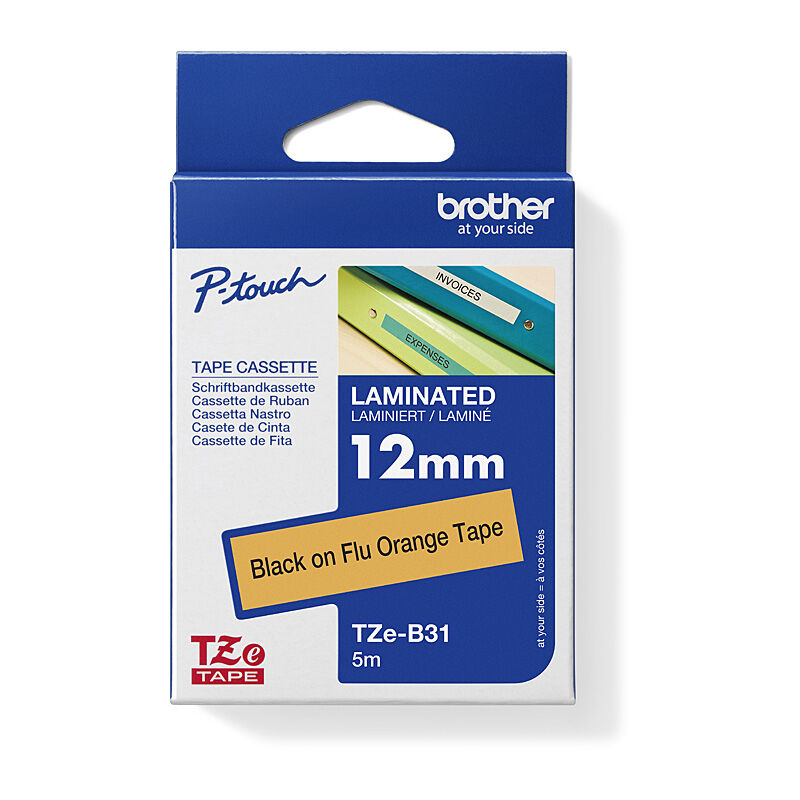 Brother TZe-B31 Label Tape - Black on Fluorescent Orange - 12 mm x 5m