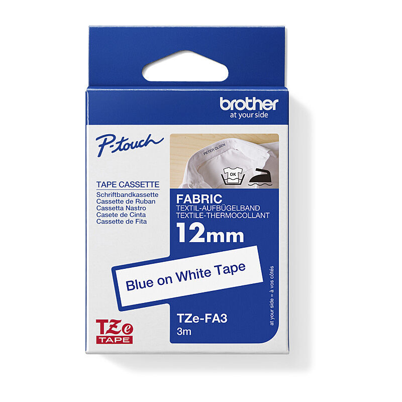 Brother TZe-FA3 Fabric Iron -On Tape - Blue on White - 12 mm x 3m