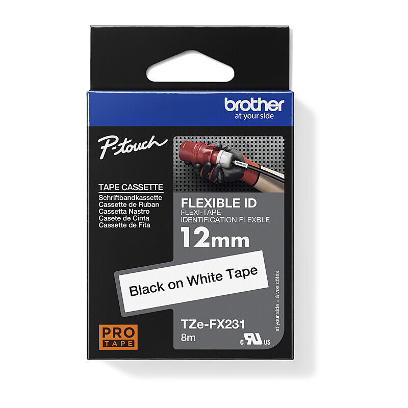 Brother TZe-FX231 Flexible ID Tape - Black on White - 12 mm x 8m