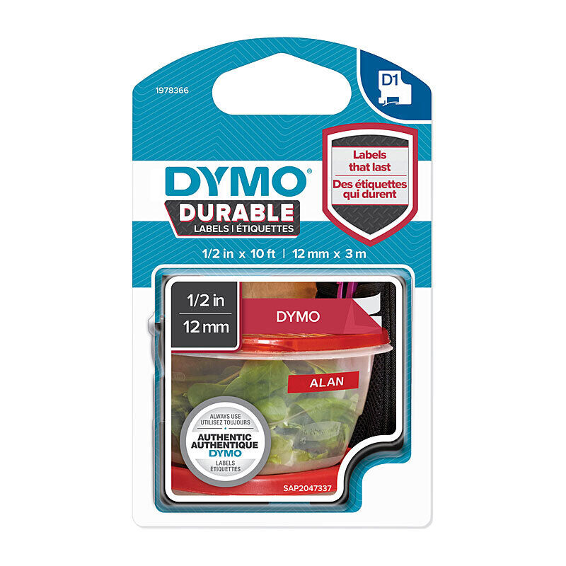 Dymo D1 Durable White on Red 12 mm x 3m