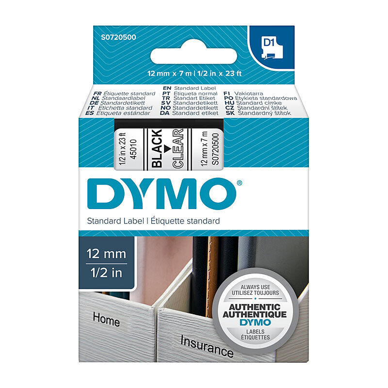 Dymo D1 Black on Clear 12 mm x 7m Tape