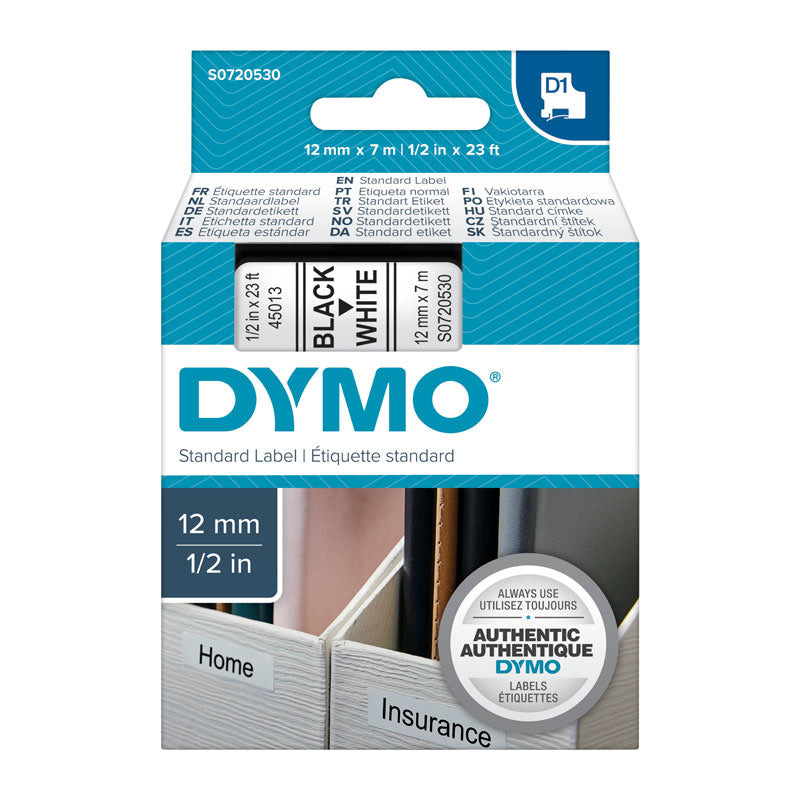 Dymo D1 Black on White 12 mm x 7m Tape