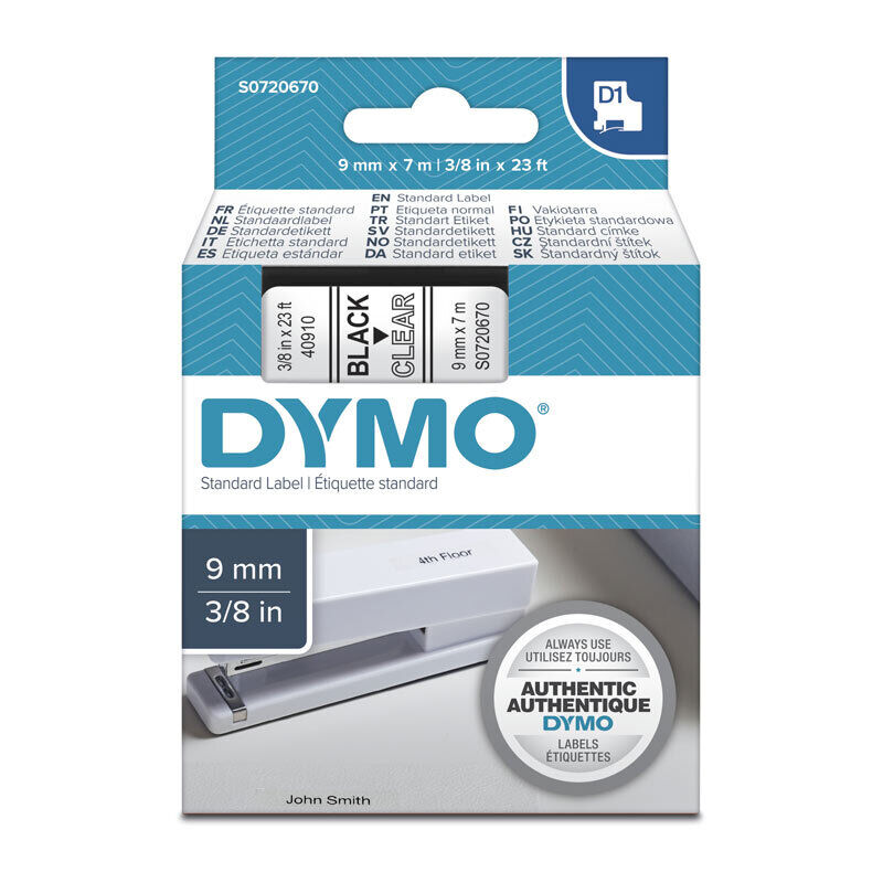Dymo D1 Label Tape Black on Clear 9 mm x 7m