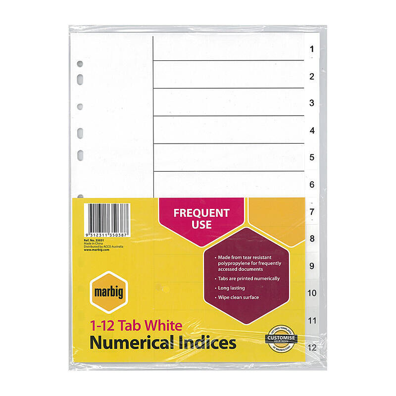 Marbig Indices White A4 - 1 -12 Tabs