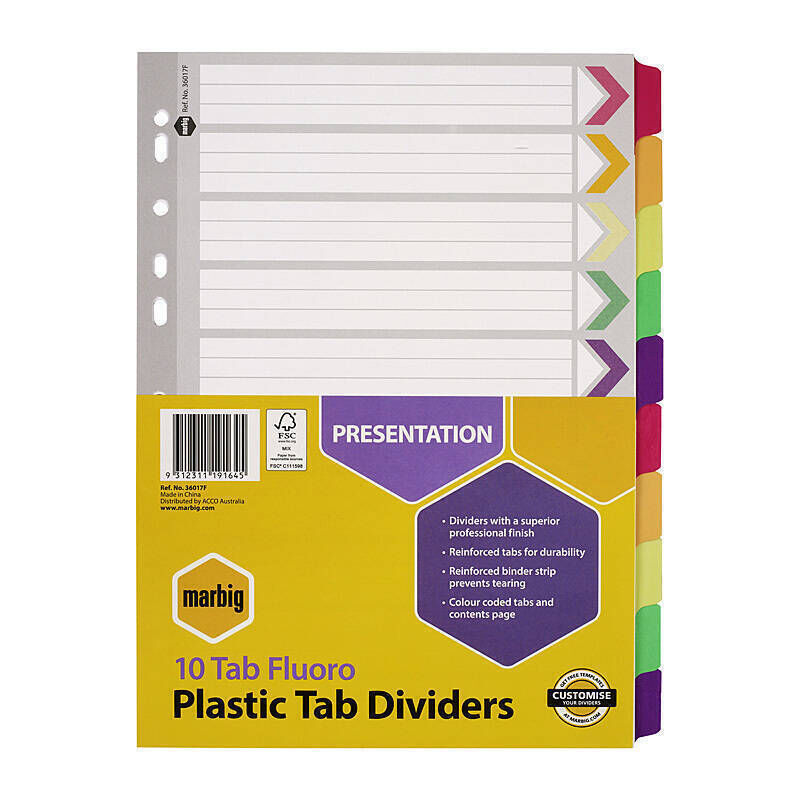 Marbig Dividers Reinforced Board Fluoro - A4 - 10 Tabs