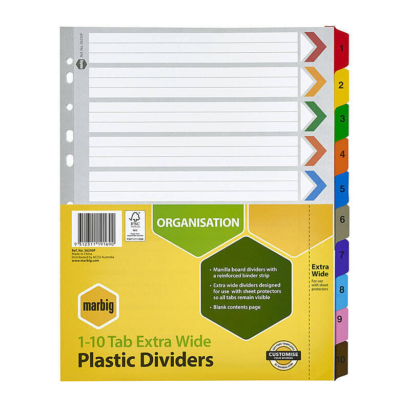 Marbig Dividers X - Wide Clear Reinforced A4 - 1-10 Tabs