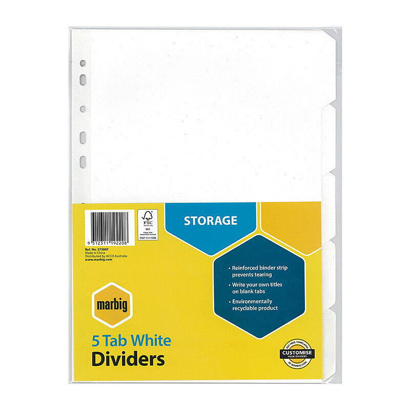 Marbig Dividers White Manilla A4 - 5 Tabs