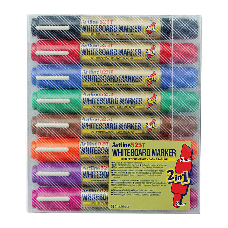 Artline 525T Dual Nib Whiteboard Markers Assorted Colours (Wallet of 8)