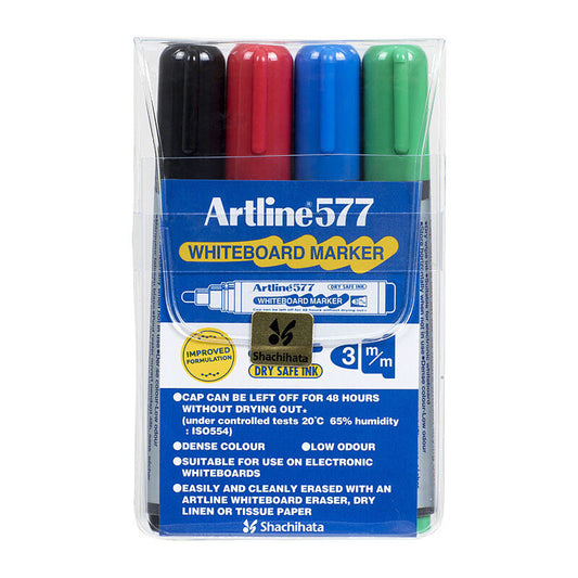 Artline 577 Whiteboard Markers Bullet Assorted Colours (Wallet of 4)