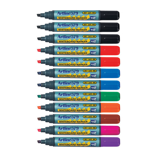 Artline 579 Assorted Colours Whiteboard Markers Chisel Tip 5.0 mm (Box of 12)