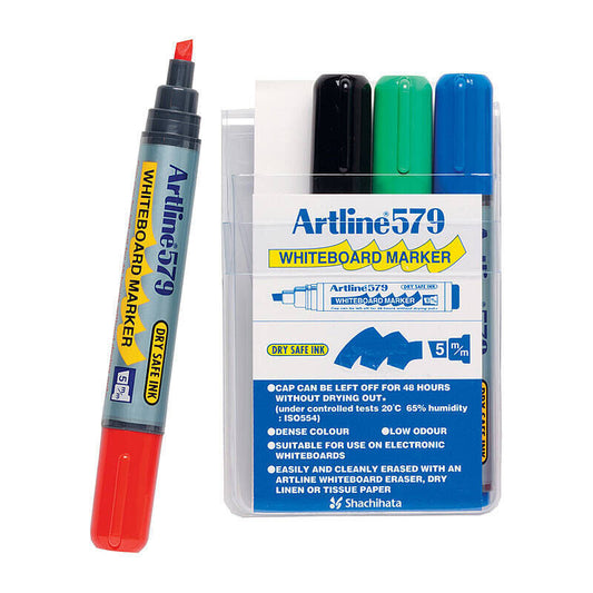 Artline 579 Whiteboard Markers Chisel Tip Assorted Colours (Wallet of 4)
