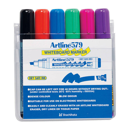 Artline 579 Whiteboard Markers Chisel Tip Assorted Colours (Wallet of 6)