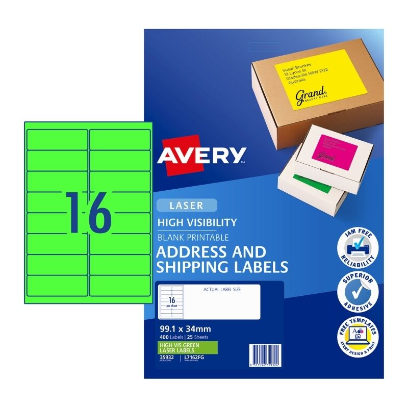 Avery L7162FG Fluoro Green High Visibility Shipping Labels for Laser Printers - 99.1 x 34mm 16 Labels per Sheet - Pack of 25