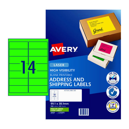 Avery L7163FG Fluoro Green High Visibility Shipping Labels for Laser Printers - 99.1 x 34mm  - 16 Labels per Sheet - Pack of 25