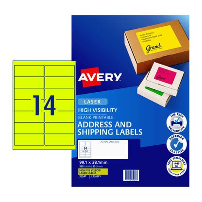 Avery L7163F Fluoro Yellow High Visibility Shipping Labels for Laser Printers - 99.1 x 34mm - 16 Labels per Sheet - Pack of 25