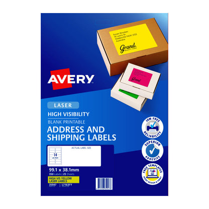Avery L7163F Fluoro Yellow High Visibility Shipping Labels for Laser Printers - 99.1 x 34mm - 16 Labels per Sheet - Pack of 25