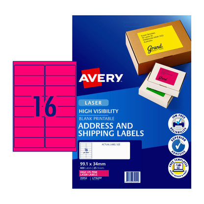 Avery L7162FP Fluoro Pink High Visibility Shipping Labels for Laser Printers - 99.1 x 34mm - 16 Labels per Sheet - Pack of 25
