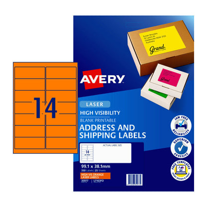Avery L7163FO Fluoro Orange High Visibility Shipping Labels for Laser Printers - 99.1 x 34mm  - 16 Labels per Sheet - Pack of 25